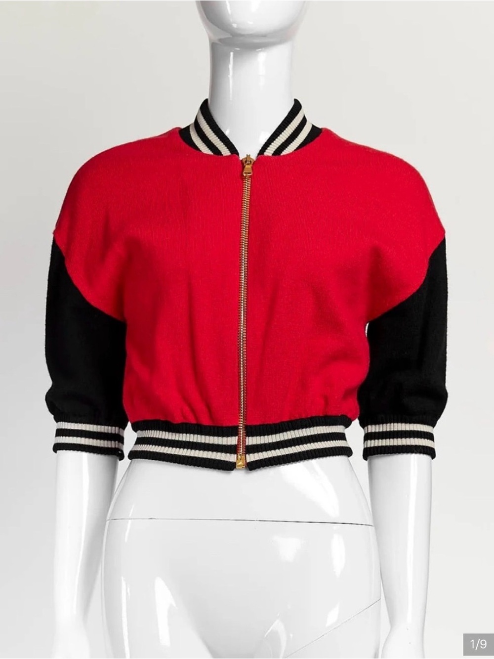 Moschino Red and Black Cropped Varsity Jacket with Gold Zip Size 6